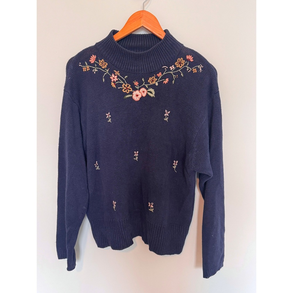 HERMAN GEIST | Sweater Women L Navy Blue Hand Embroidered Floral Vintage Knit